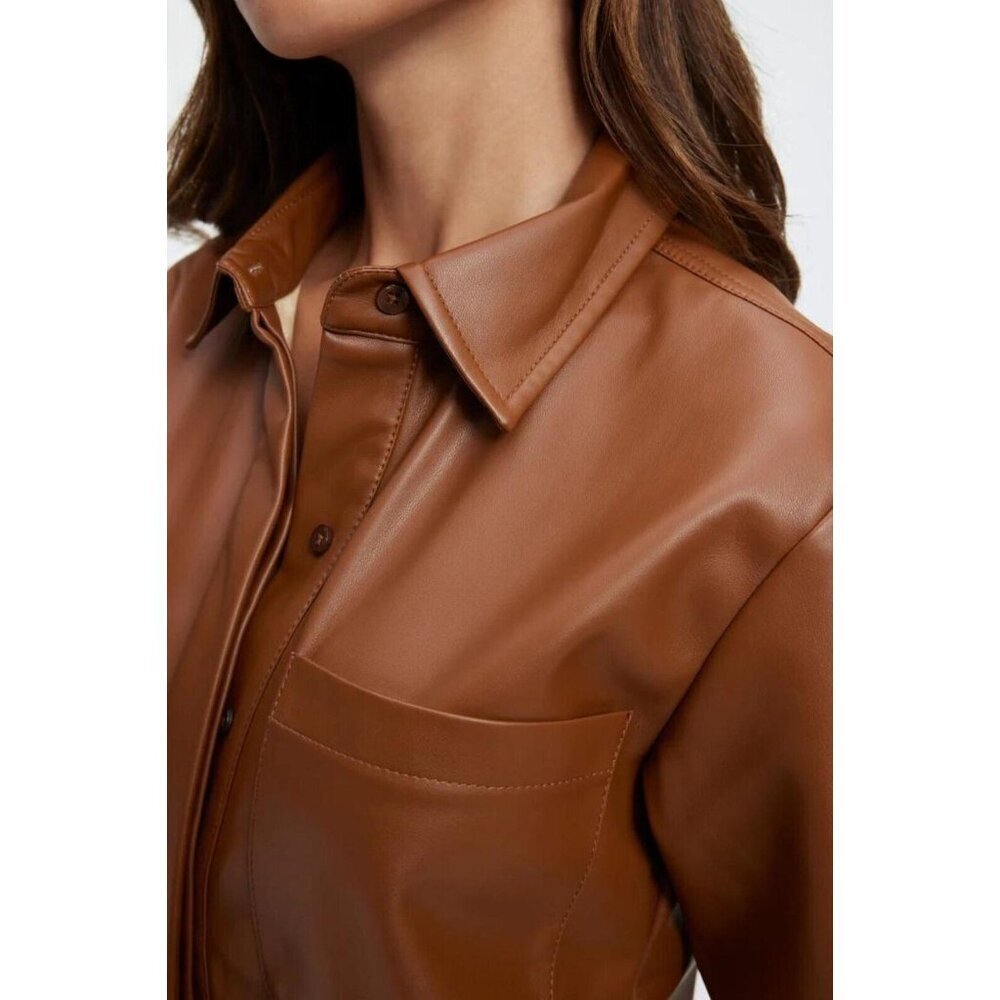 Good American Better Than Leather Shirt Women's Faux Leather Size 2 Burn Caramel - Picture 12 of 13